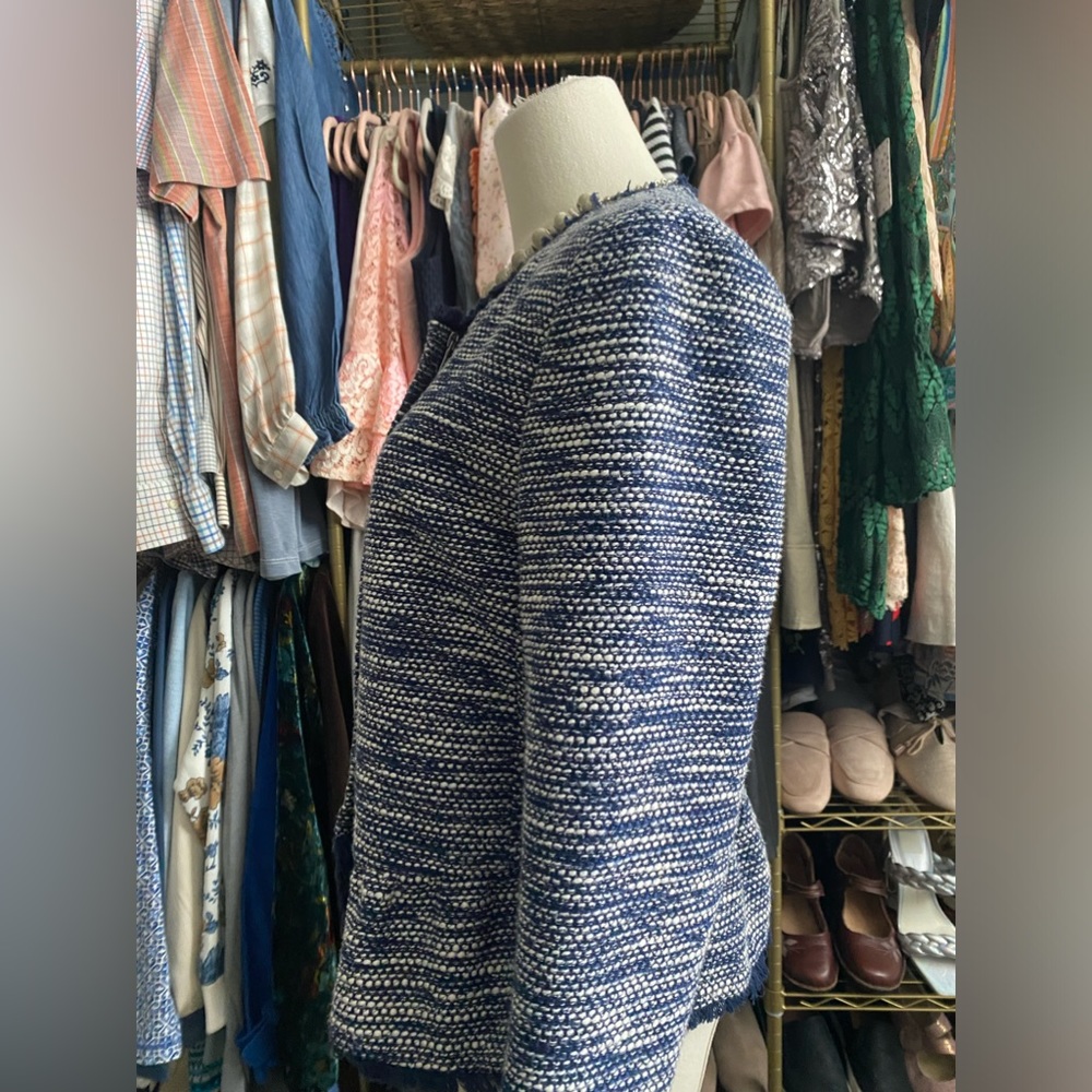 "Joie Milligan" tweed peplum jacket in a blue and white color scheme. - Picture 5 of 12